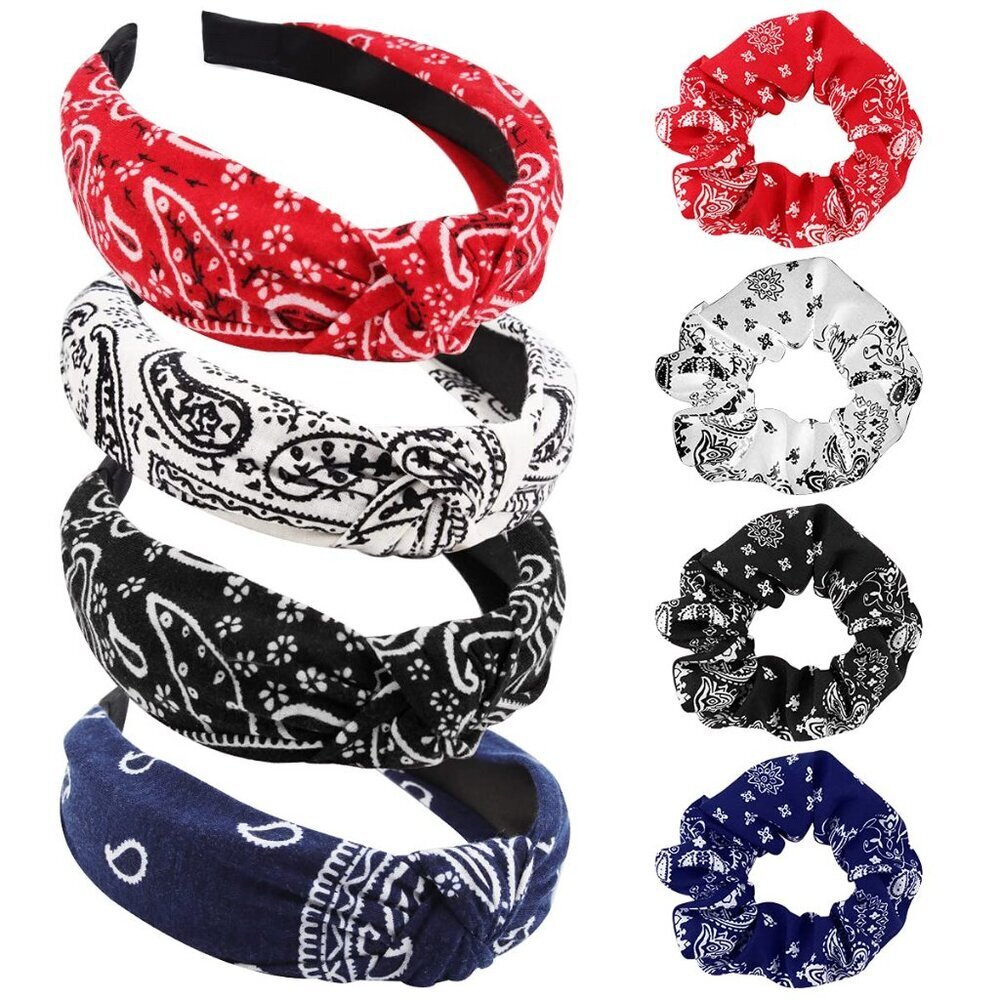 8 Pack Vintage Boho Paisley Bandanas for Women - Wide Knotted Turban Headbands w